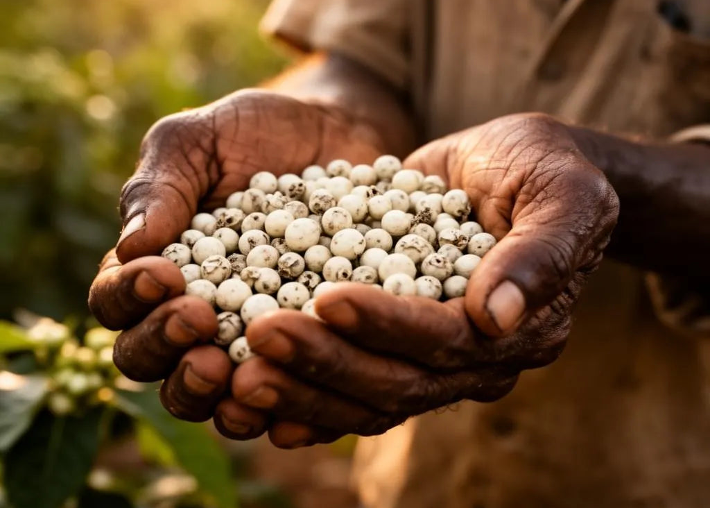 Producer holding freshly harvested white peppercorns