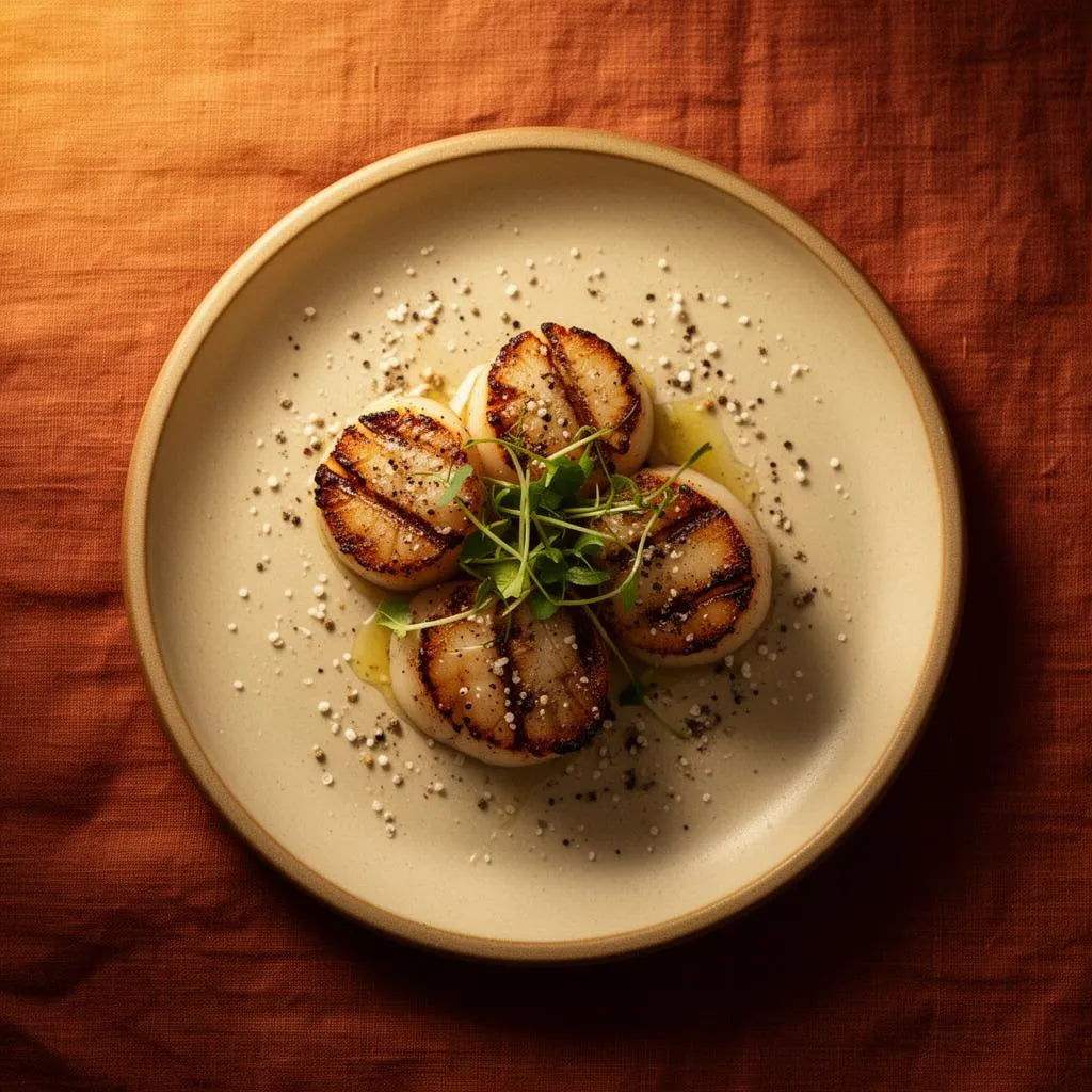Peppered scallops plated for serving